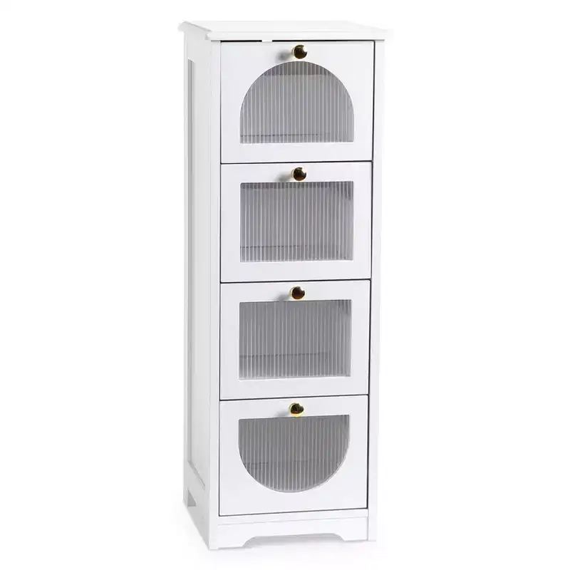 Modern Slim Bathroom Cabinet - 4 Drawer Storage with Semi See-Through Fronts, Waterproof MDF - Fits Narrow Spaces (33.1H) Easy Assembly