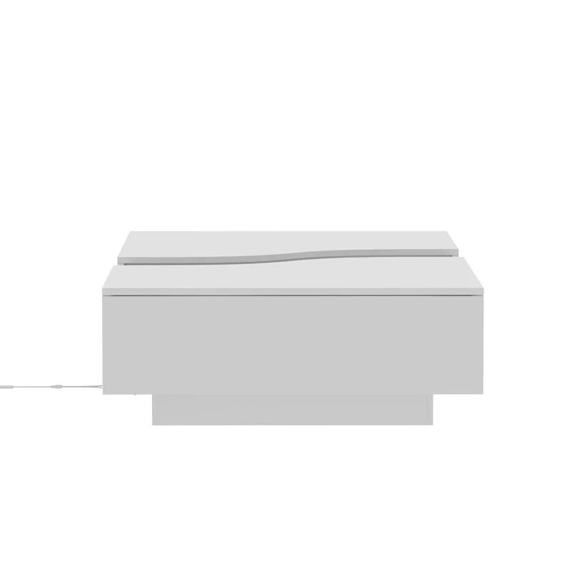 White Coffee Table with 2 Drawers, Tempered Glass Top and LED Lighting