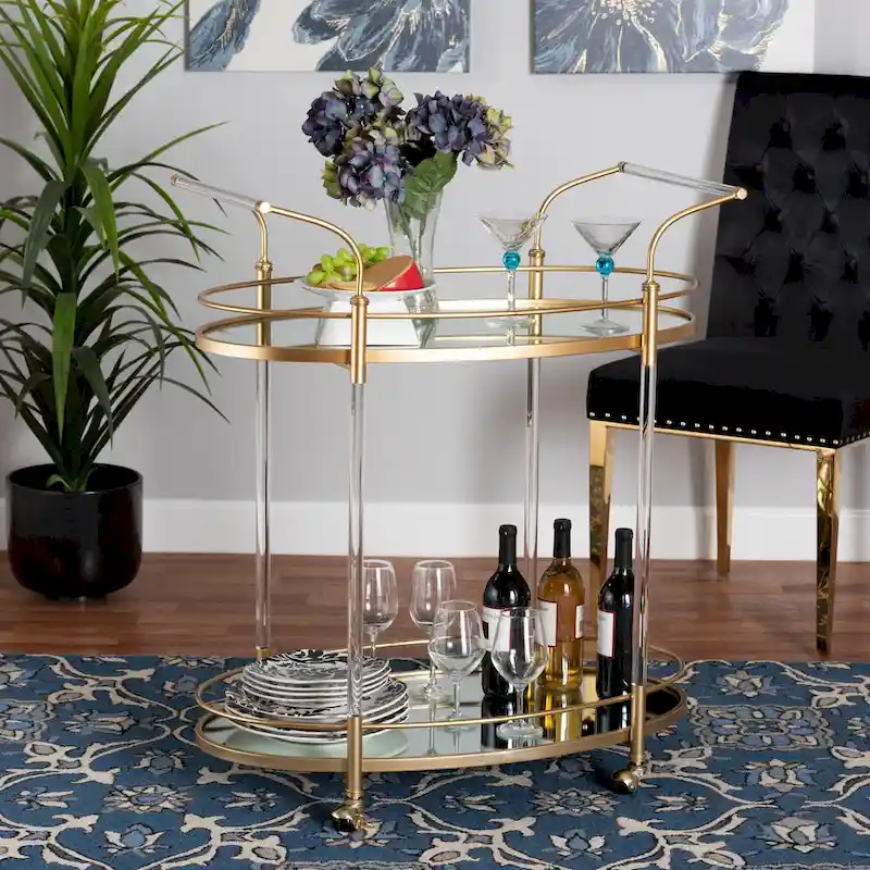 Nakano Contemporary Glam and Luxe Gold Metal and Mirrored Glass 2-Tier Wine Cart