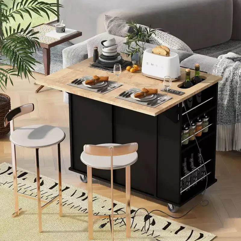 TUYOHW 39.8Inch Rolling Kitchen Island with Drop Leaf,Power Outlet and Open Storage,Kitchen Cart with 2 Drawers and 1 Door Cabinet