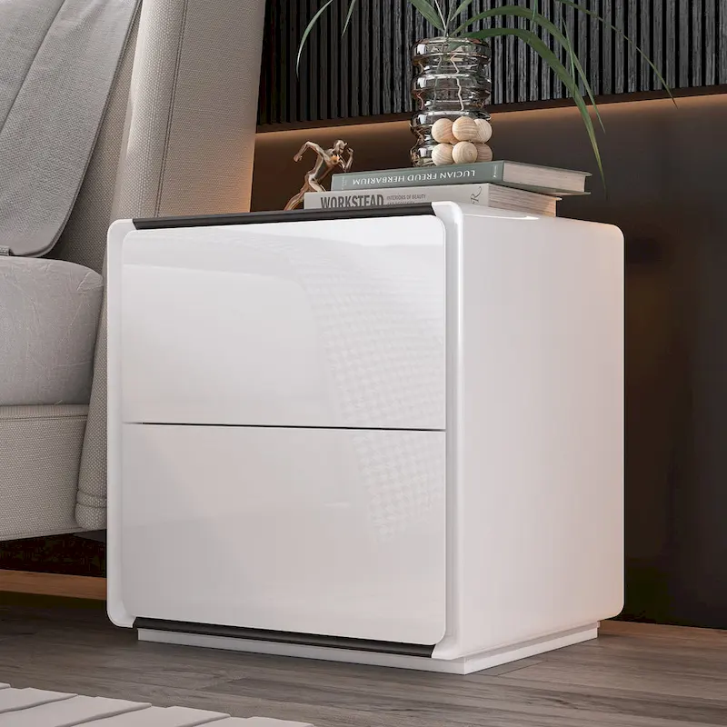 White High Gloss Nightstand with LED Lights - 2 Drawers
