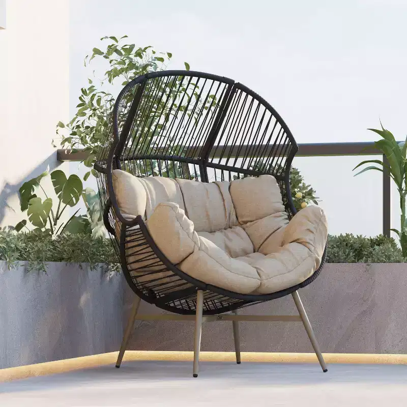 Okak Modern Faux Wicker Patio Egg Chair Rattan Accent Chairs with Whole Upholstery&Armrest,Chic Accent Chair for Porch,Backyard&Garden,Black/Khaki