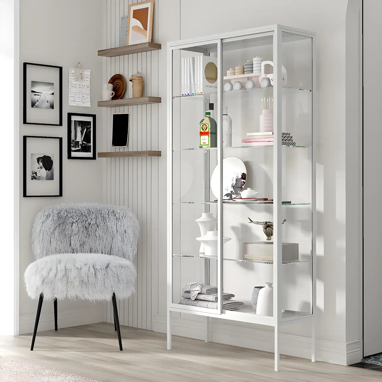 Black Metal Frame Glass Shelves Curio Cabinet