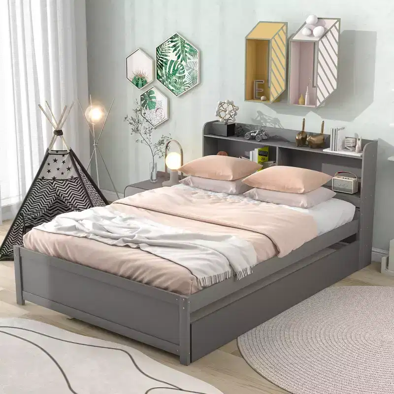 Gray Full Platform Bed with Trundle & Bookcase, 1-Person