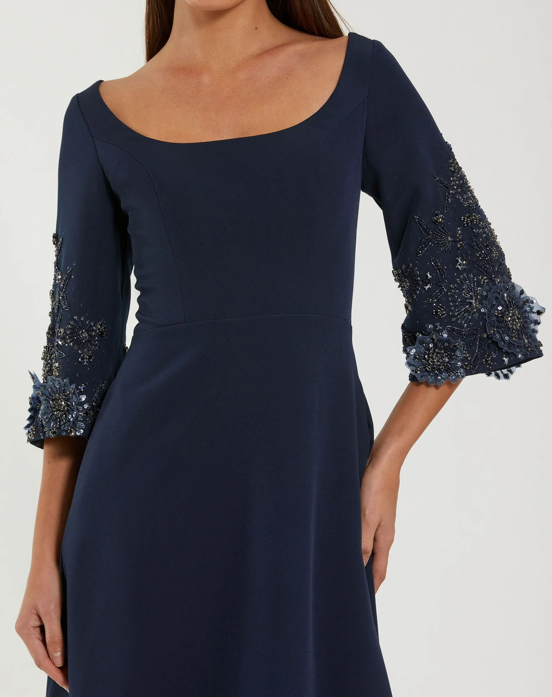 Navy Crepe Gown With Floral Embellished Sleeves
