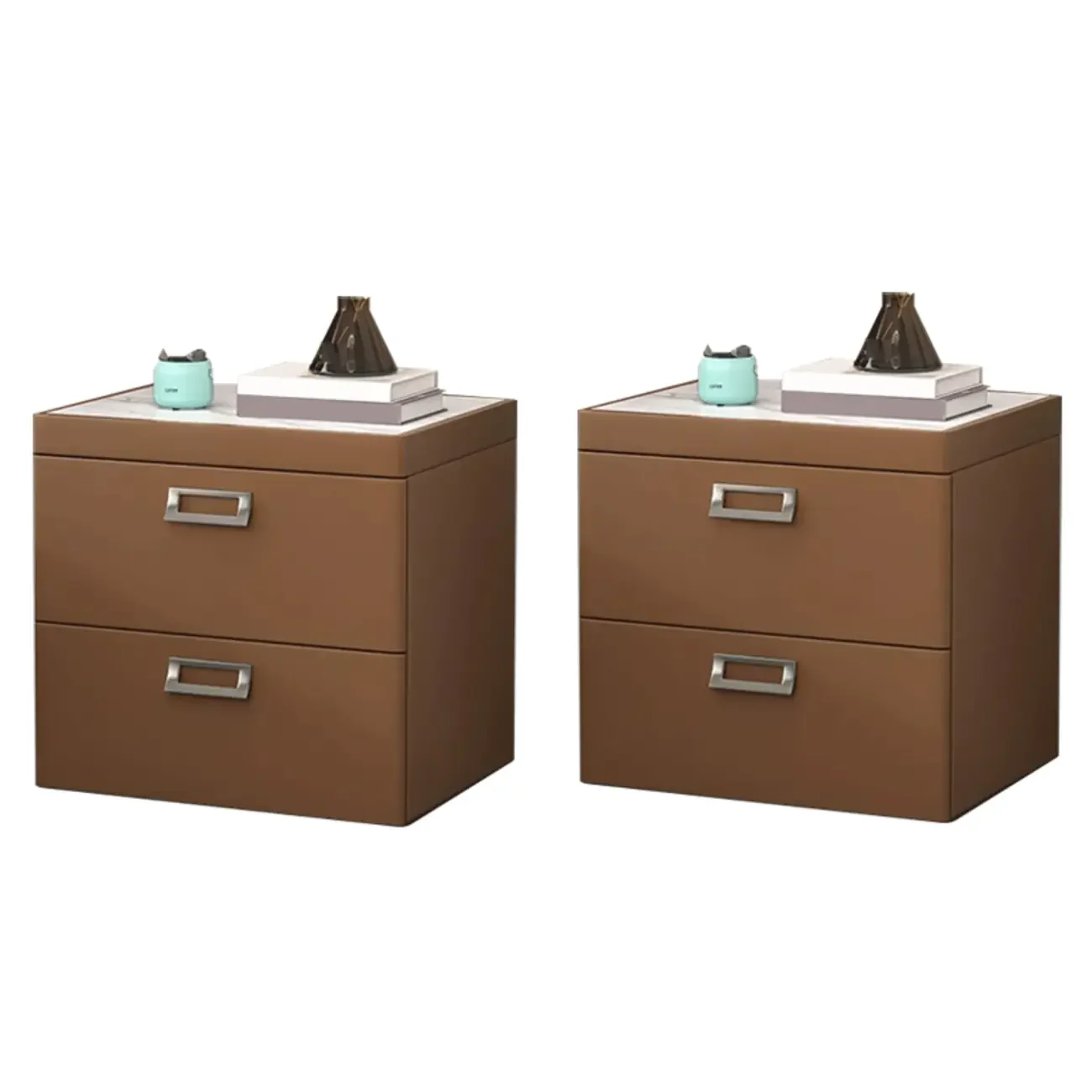 Modern Faux Leather 2 Drawers Nightstand with Stone Top