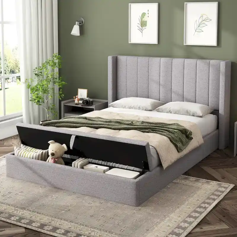 Queen Upholstered Platform Bed with Headboard and Storage