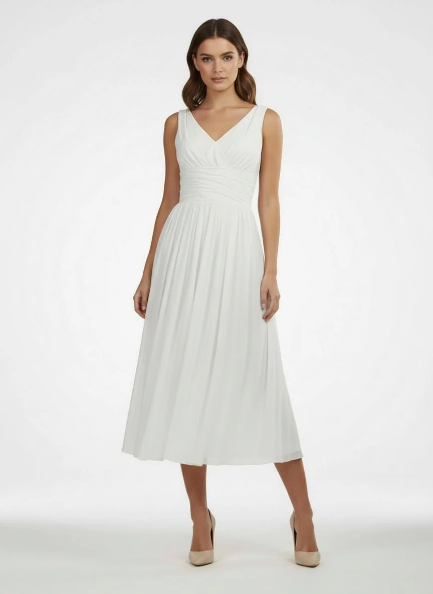 V-Neck Sleeveless Tea-Length Chiffon Wedding Dress With Ruching And Low-V Back