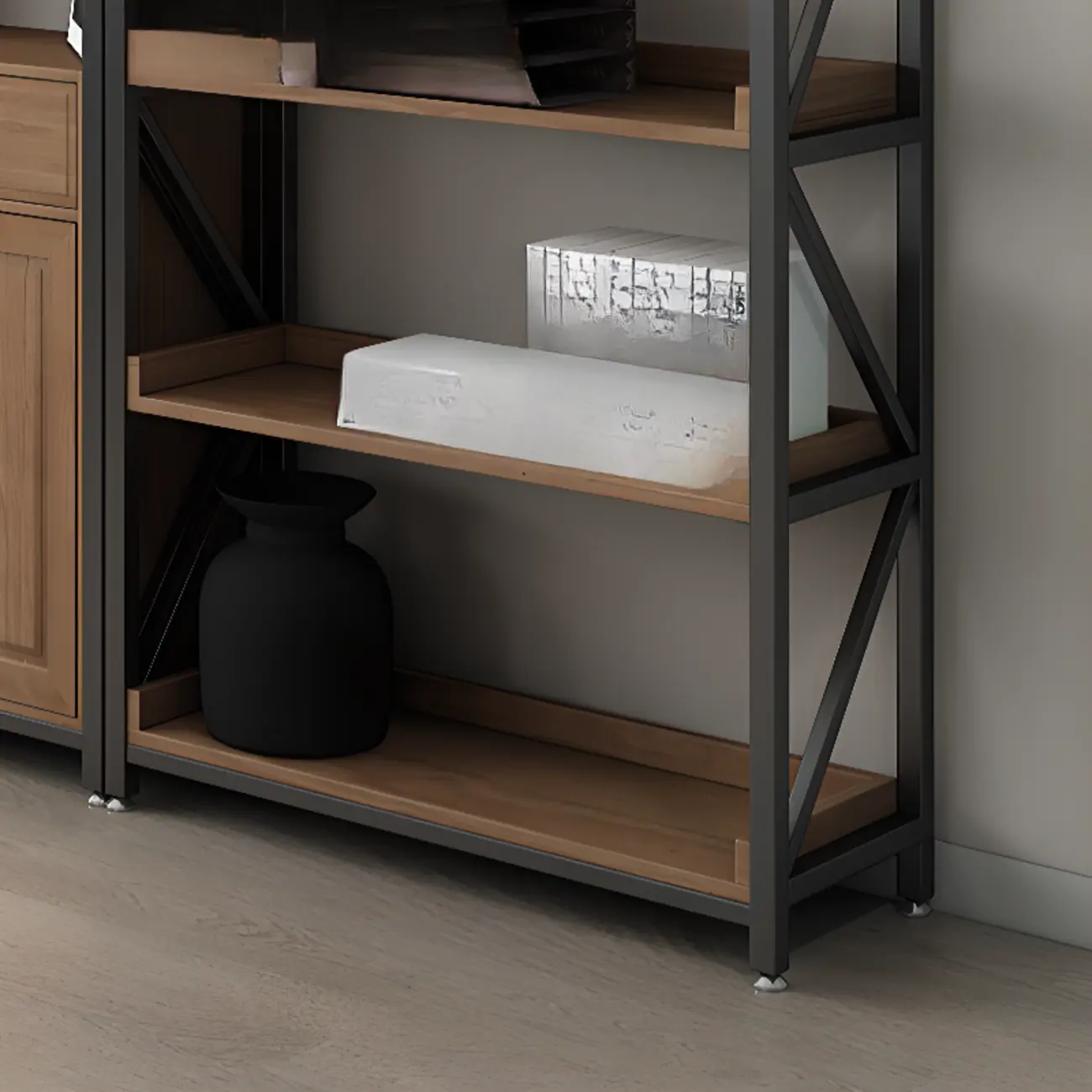 Rustic Brown Metal 6-shelf Open Bookcase with Cabinet