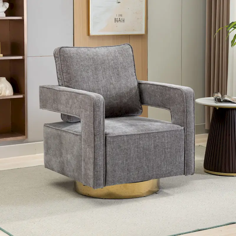 Modern Upholstered Swivel Open-Back Barrel Chair With Pillow
