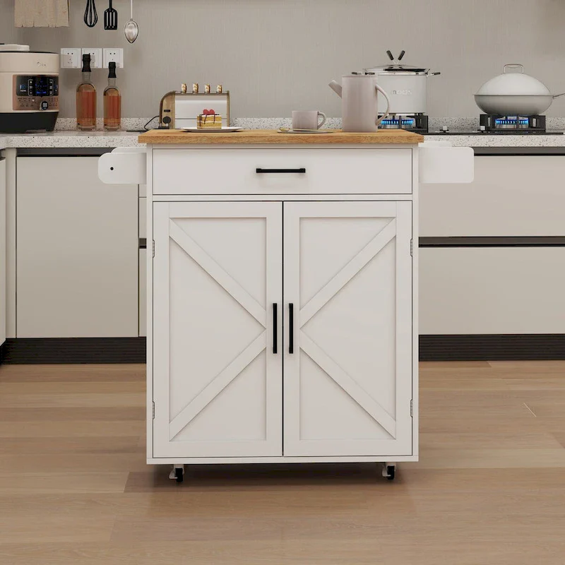 White Rubber Wood Kitchen Cart with Adjustable Shelves, Towel Rack