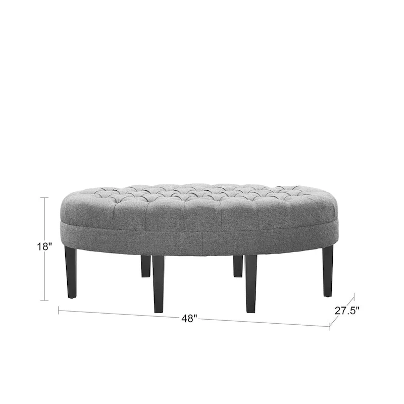 Blue Oval Button-Tufted Upholstered Ottoman with Wood Legs – Single