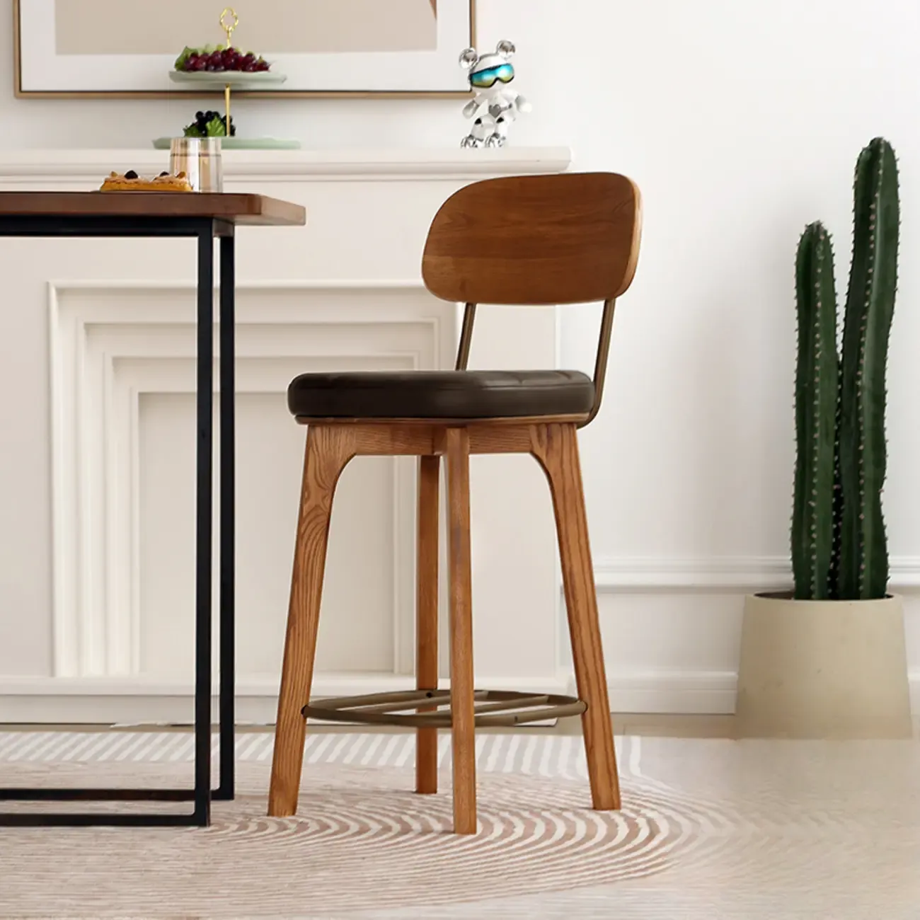 Wooden Square Leather Upholstered Bar Stool with Backrest