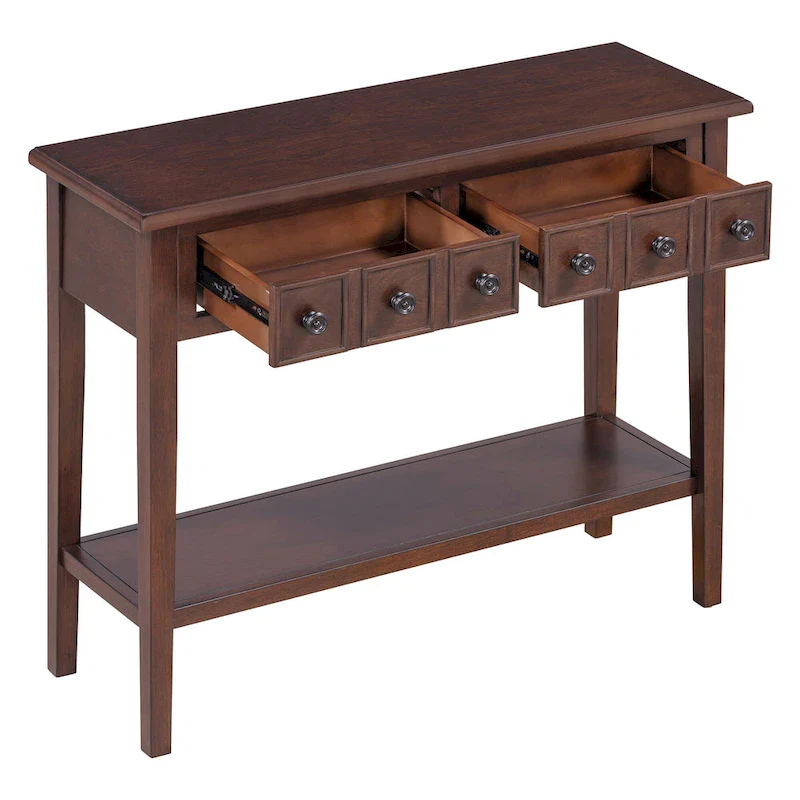 38.2 Rustic Console Table with Open Shelf and Three Drawers, Rubber Wood Legs