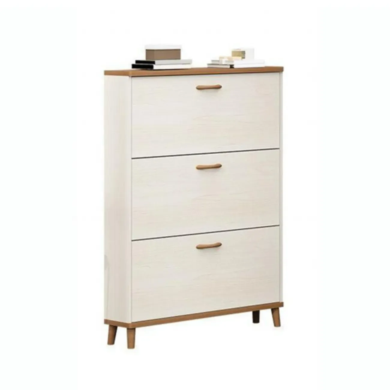 Narrow Beige Solid Wood Drop Front Shoe Cabinet