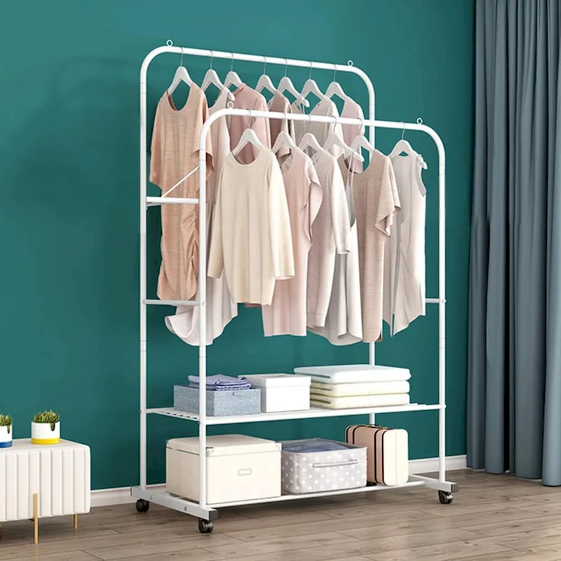Rolling Garment Rack with Double Rail, Mesh Shelf & Locking Wheels – 2 Colors