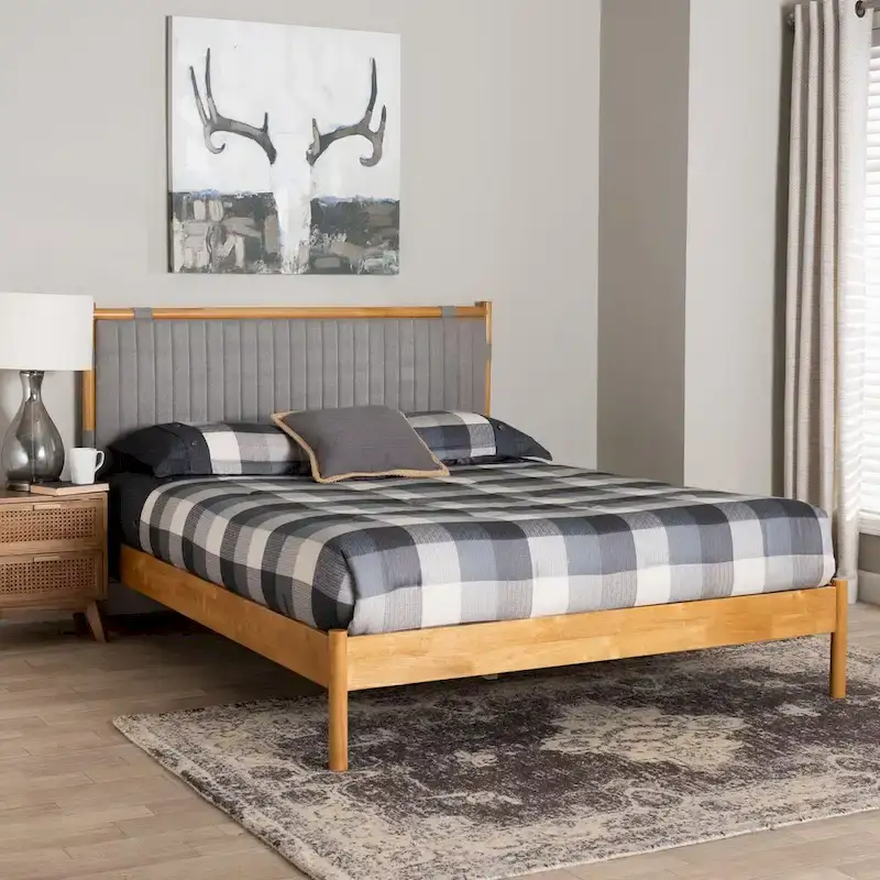 Jaiana Mid-Century Grey Fabric and Oak Brown Wood Queen Size Bed