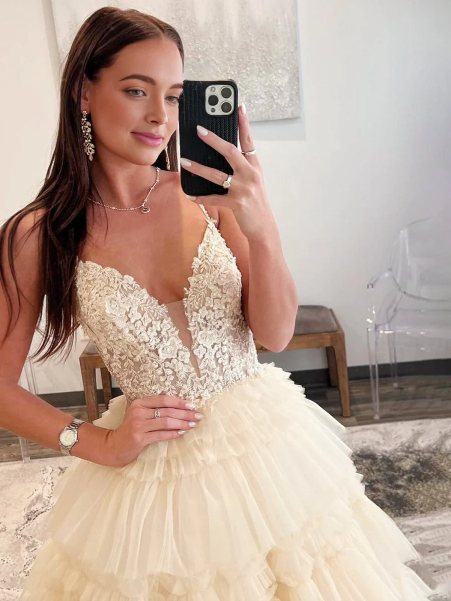 Black Beaded Spaghetti Strap Ruffle Tiered Ball Gown