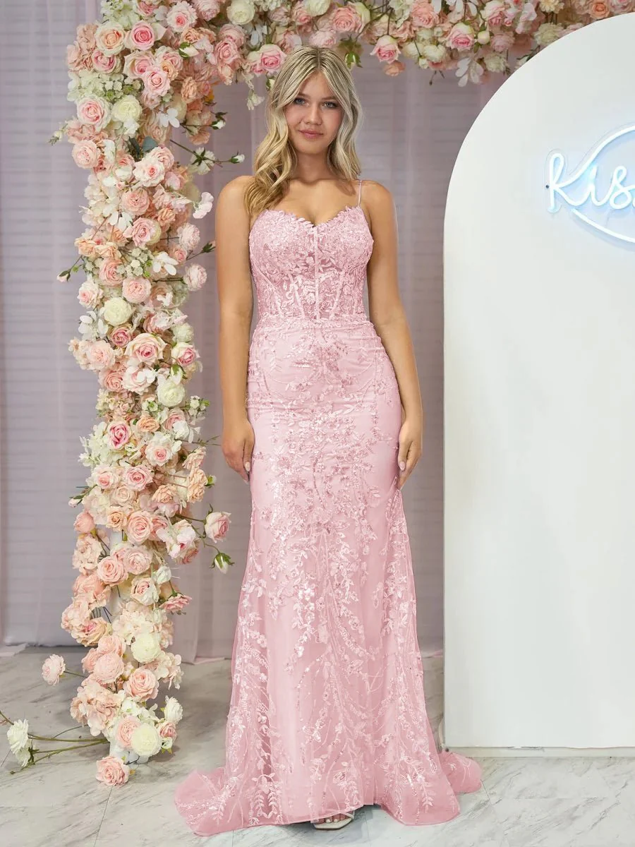 Straps Sky Blue V-Neck Sequin Appliques Mermaid Prom Dress