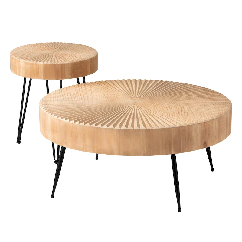 Rustic Cylindrical Wood Veneer Coffee Table – Natural / White / Light Red & Natural