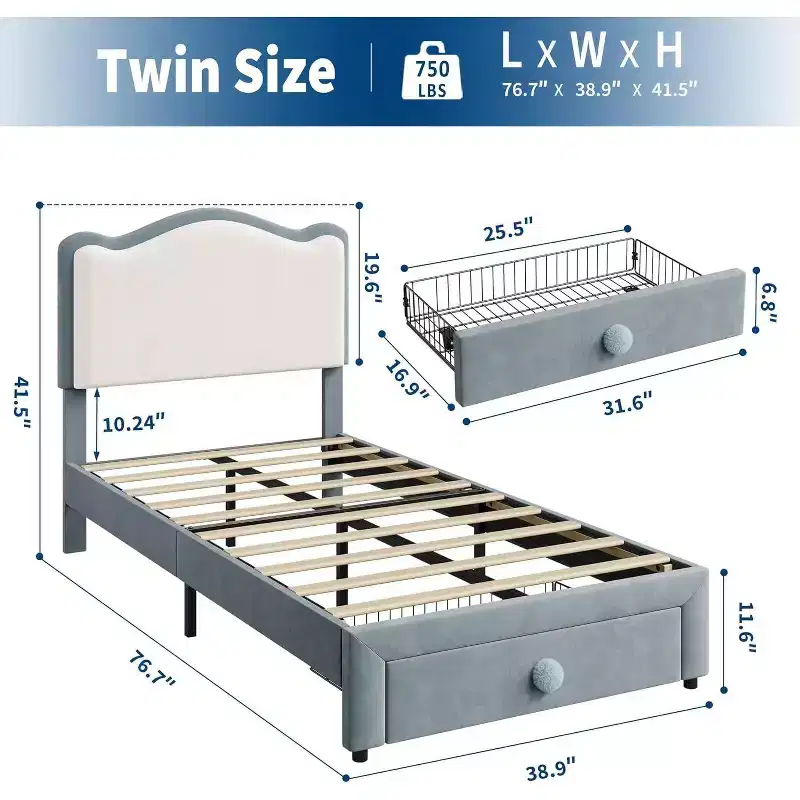 Acekool Upholstered Kids Bed Frame with Headboard and Storage Drawer, Velvet