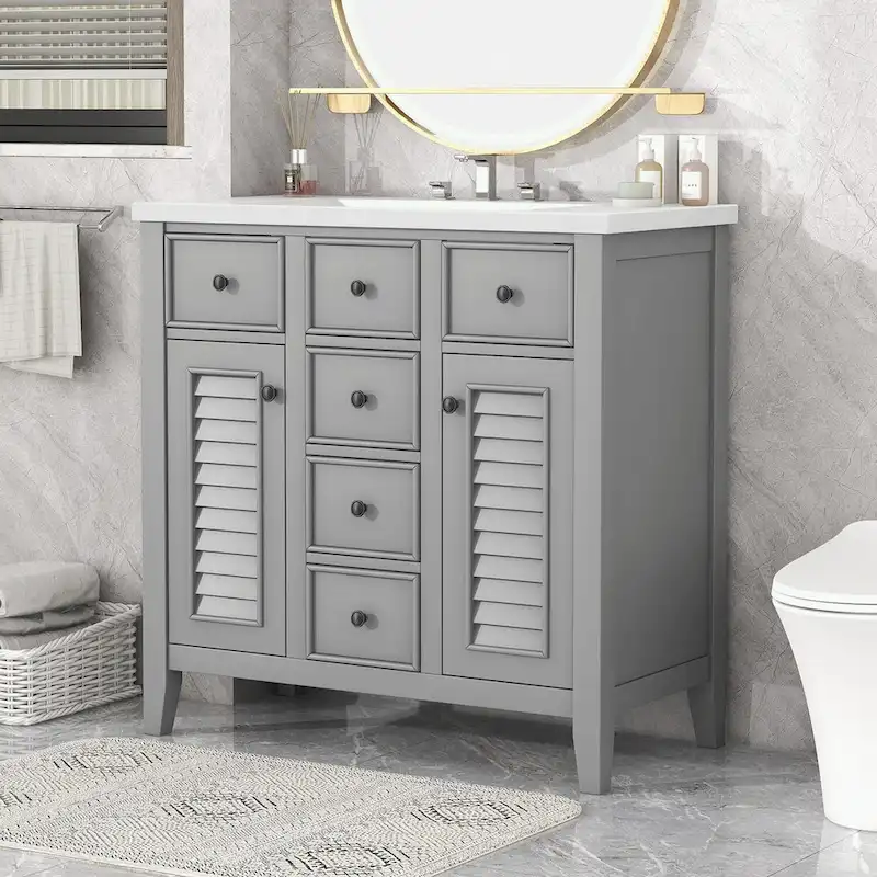 Bathroom Vanity with Ceramic Basin, Two Cabinets and Five Drawers