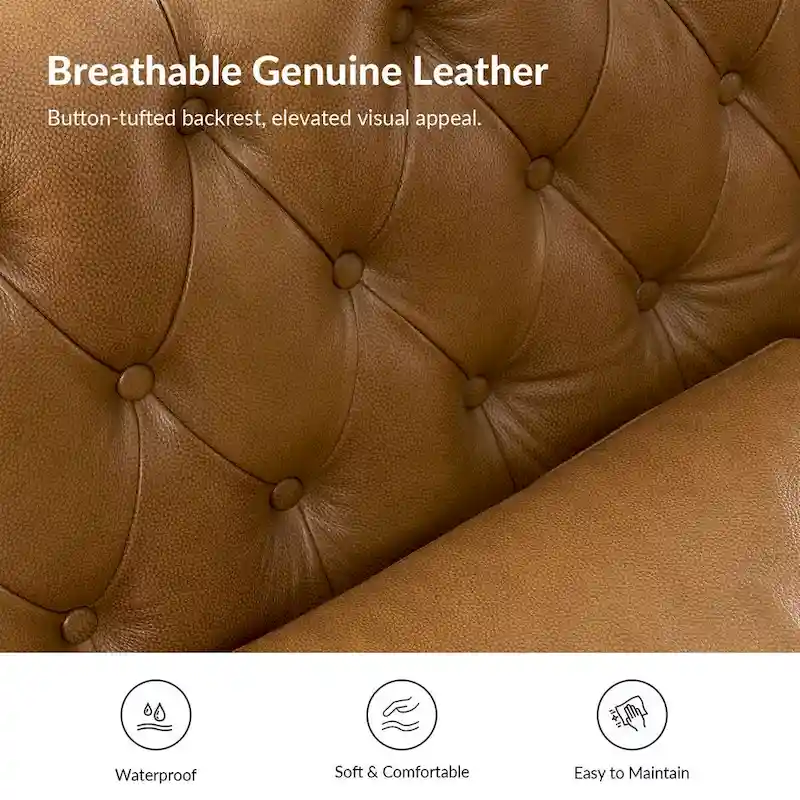 Eugne Transitional Genuine Leather Tufted Design Sofa with Solid Wood Legs by HULALA HOME