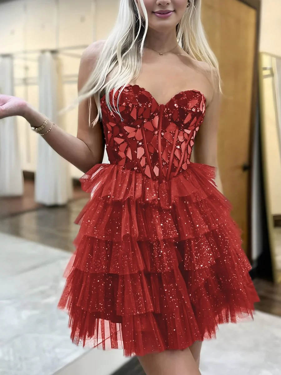 Sparkly Champagne Sweetheart A-Line Tulle Tiered Homecoming Dress