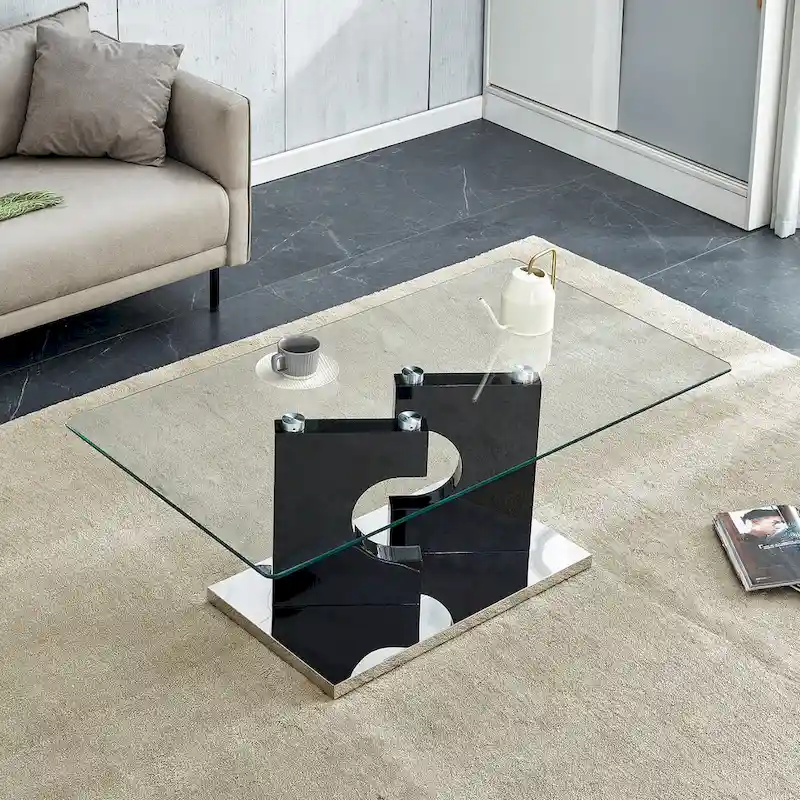 A rectangular modern and fashionable coffee table with tempered glass tabletop and white MDF legs
