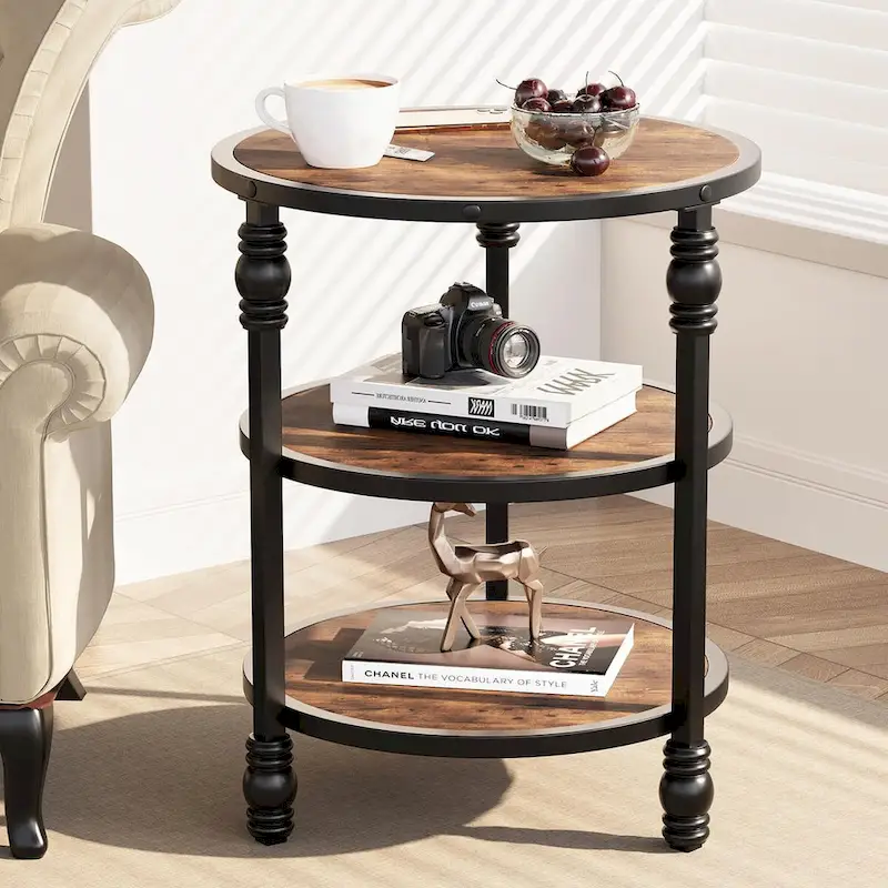 3-Tier Round Side Table with Wood Grain Finish