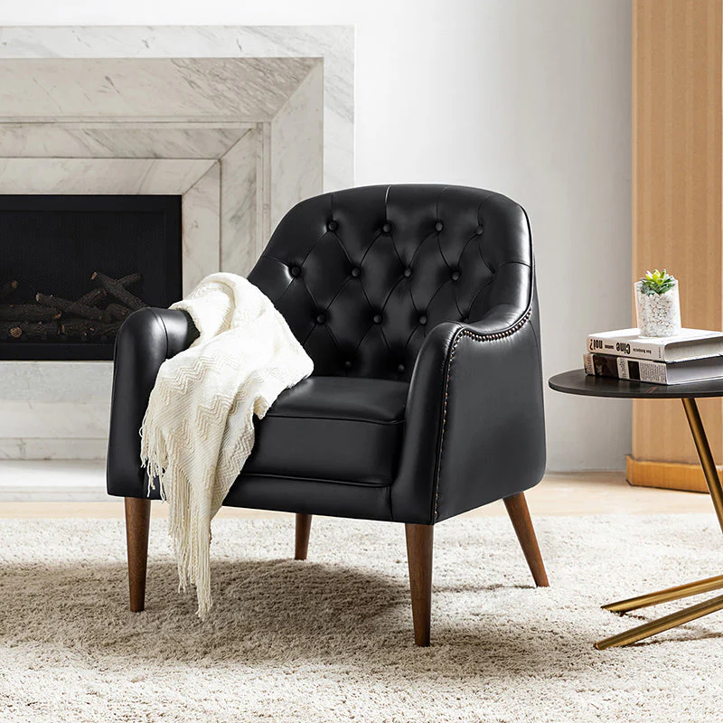 Genuine Leather Tufted Barrel Accent Chair with Rubberwood Legs & Recessed Arms | Black / Navy / Camel / Beige | Single Seat