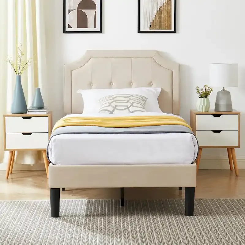 Modern Upholstered Platform Bed Frame with Adjustable Headboard – Beige / Blue / Grey, Twin / Full / Queen, Sleeps 1–2