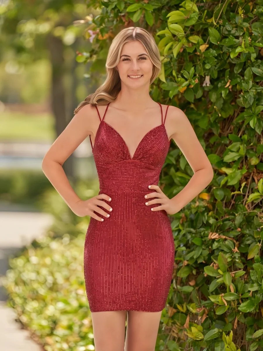 Bodycon V Neck Burgundy Sequins Mini Party Dresses