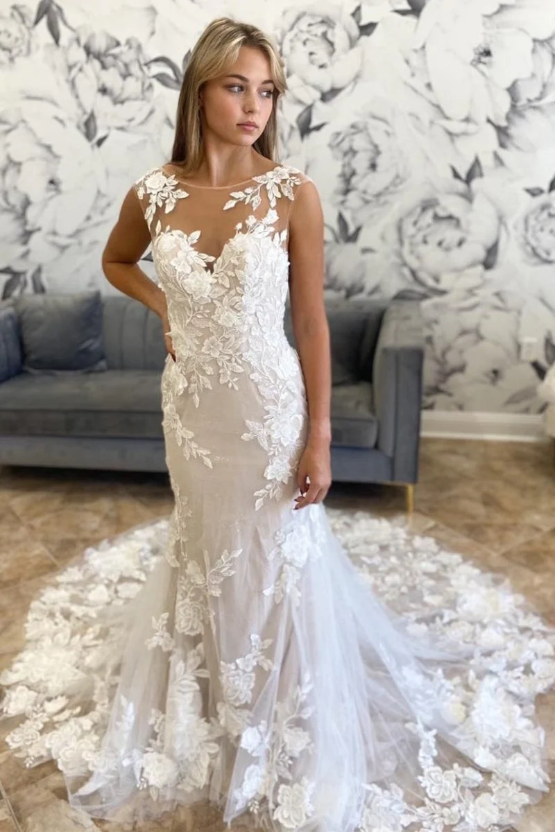 White Illusion Neck Appliques Mermaid Long Wedding Dress