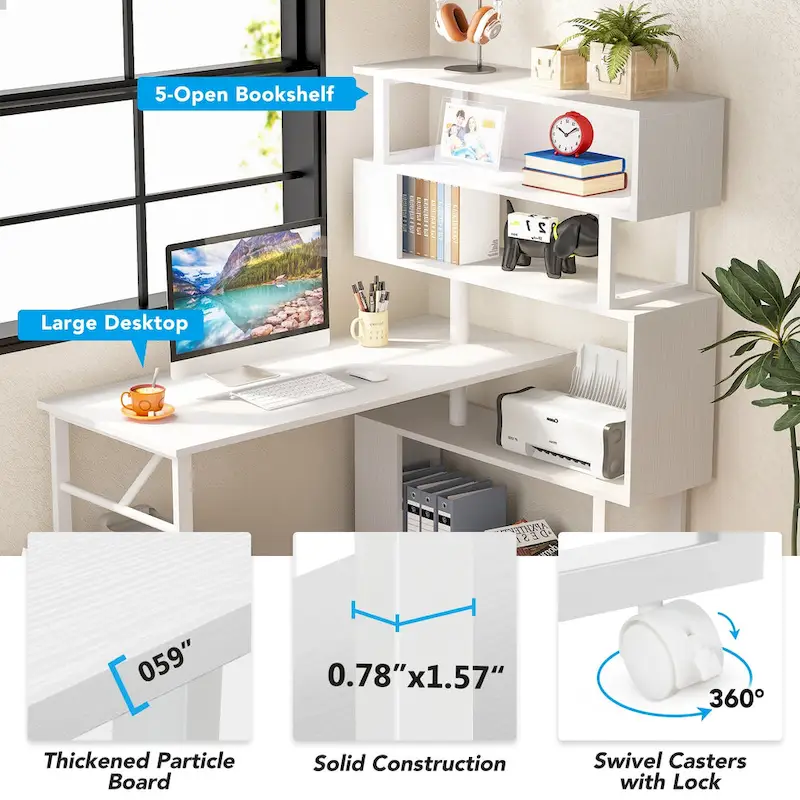 L-Shaped Rotating Computer Desk with 5 Shelves Bookshelf