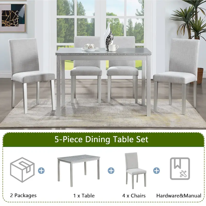 Wooden Dining Table with Rectangular Top and 4 Upholstered Chairs
