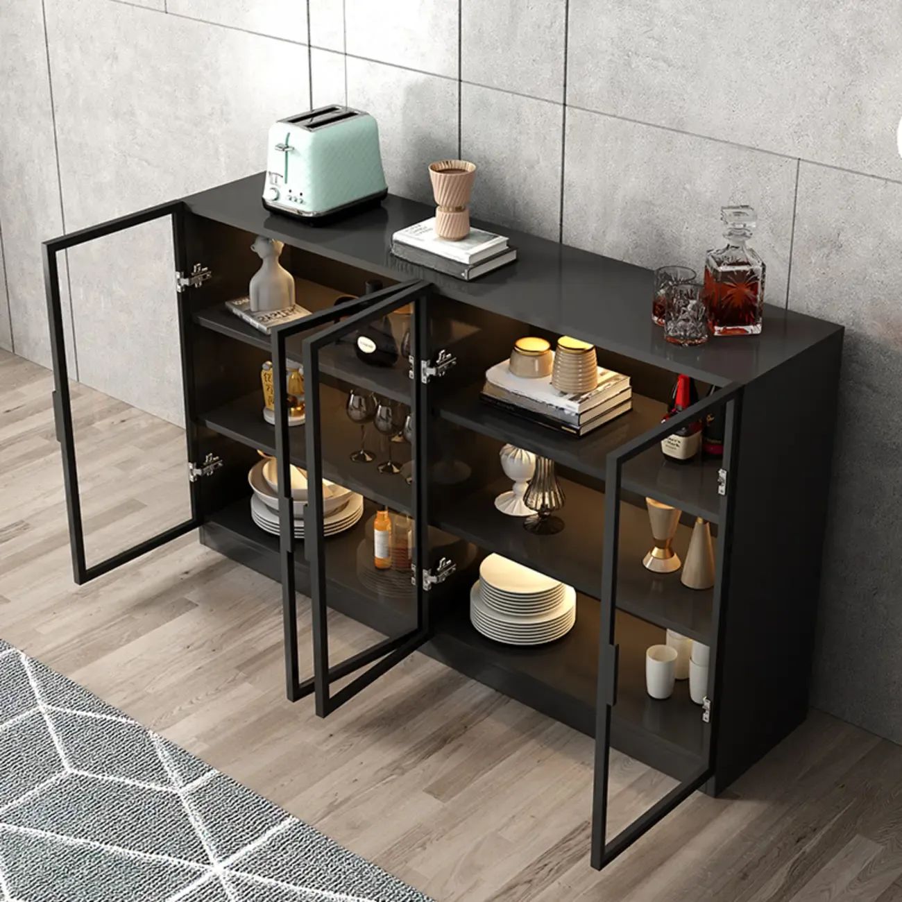 Large 3 Shelves Glass Wood Black Sideboard with LED Light