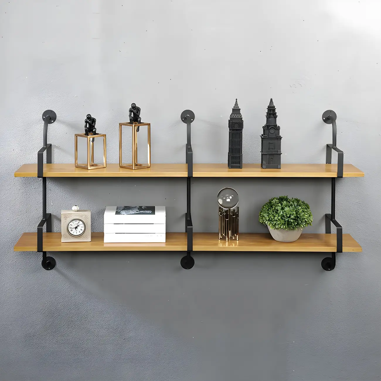 Simple 2-Tier Wood Metal Wall-Mounted Bookcase