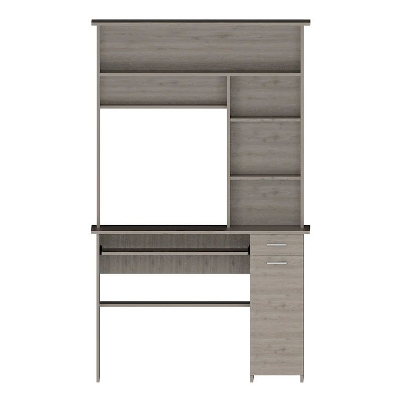 Light Grey / Dark Grey / Black Hutch Desk with Shelves, Keyboard Tray & CPU Panel – 1 Person
