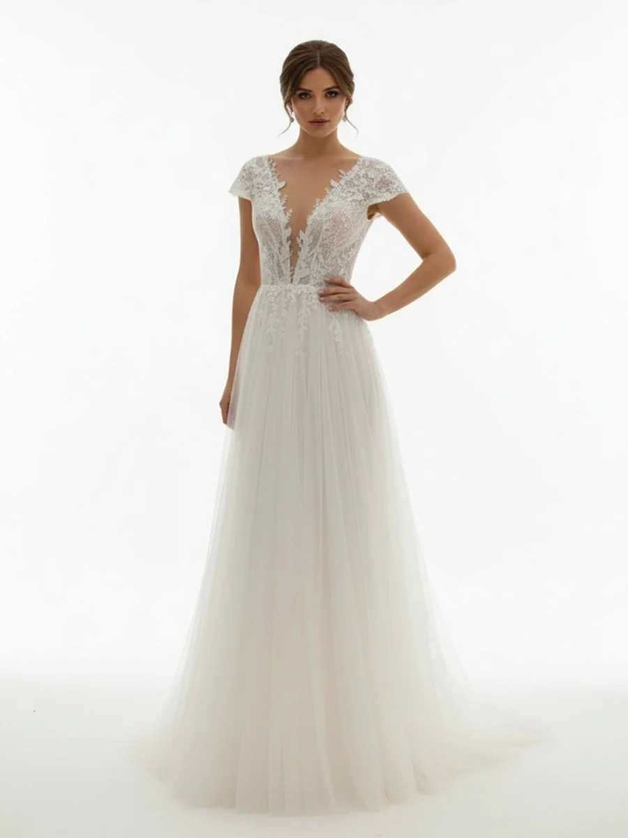 Sexy A Line Plunging Neckline Tulle Sweep Train Wedding Dress with Appliques