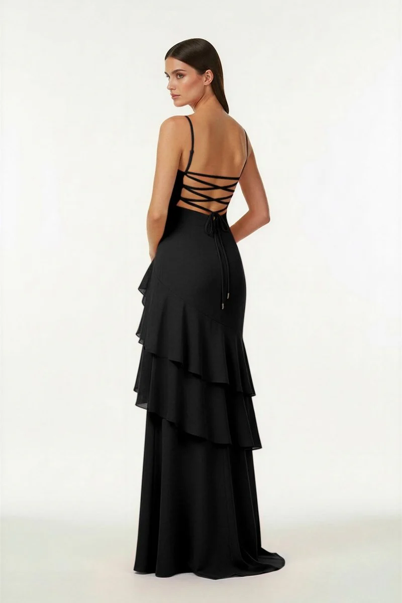 Red - Sheath Spaghetti Straps Chiffon Long Prom Dresses with Ruffles