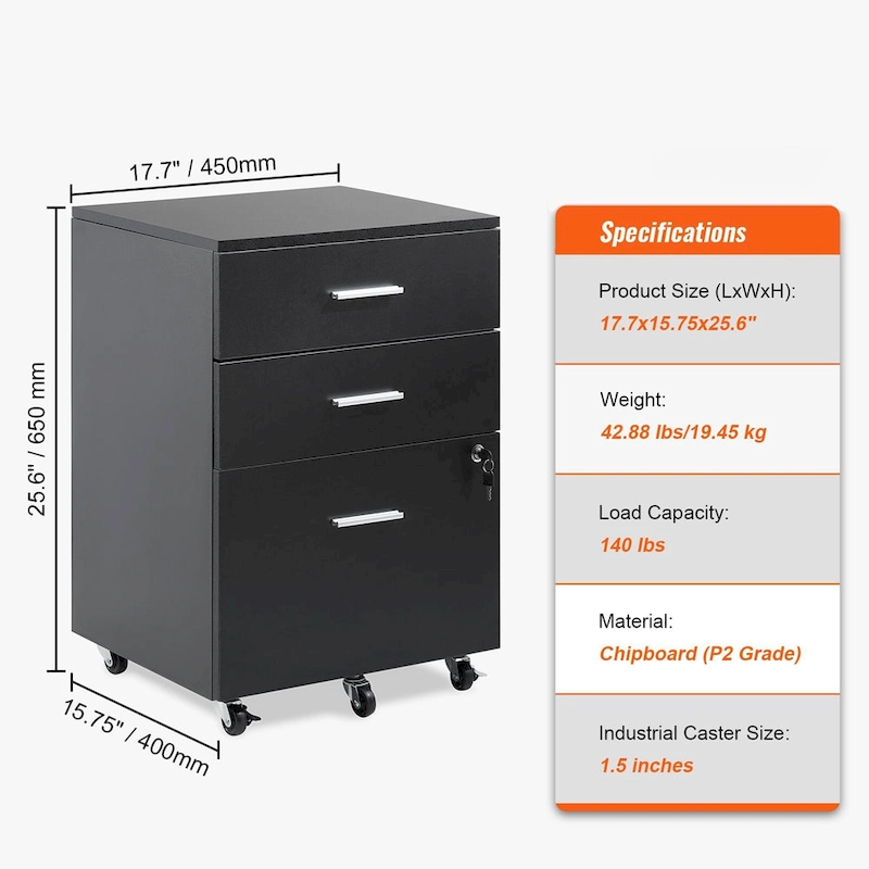 3-Drawer Locking Filing Cabinet with 5 Swivel Wheels and Adjustable File Hangers
