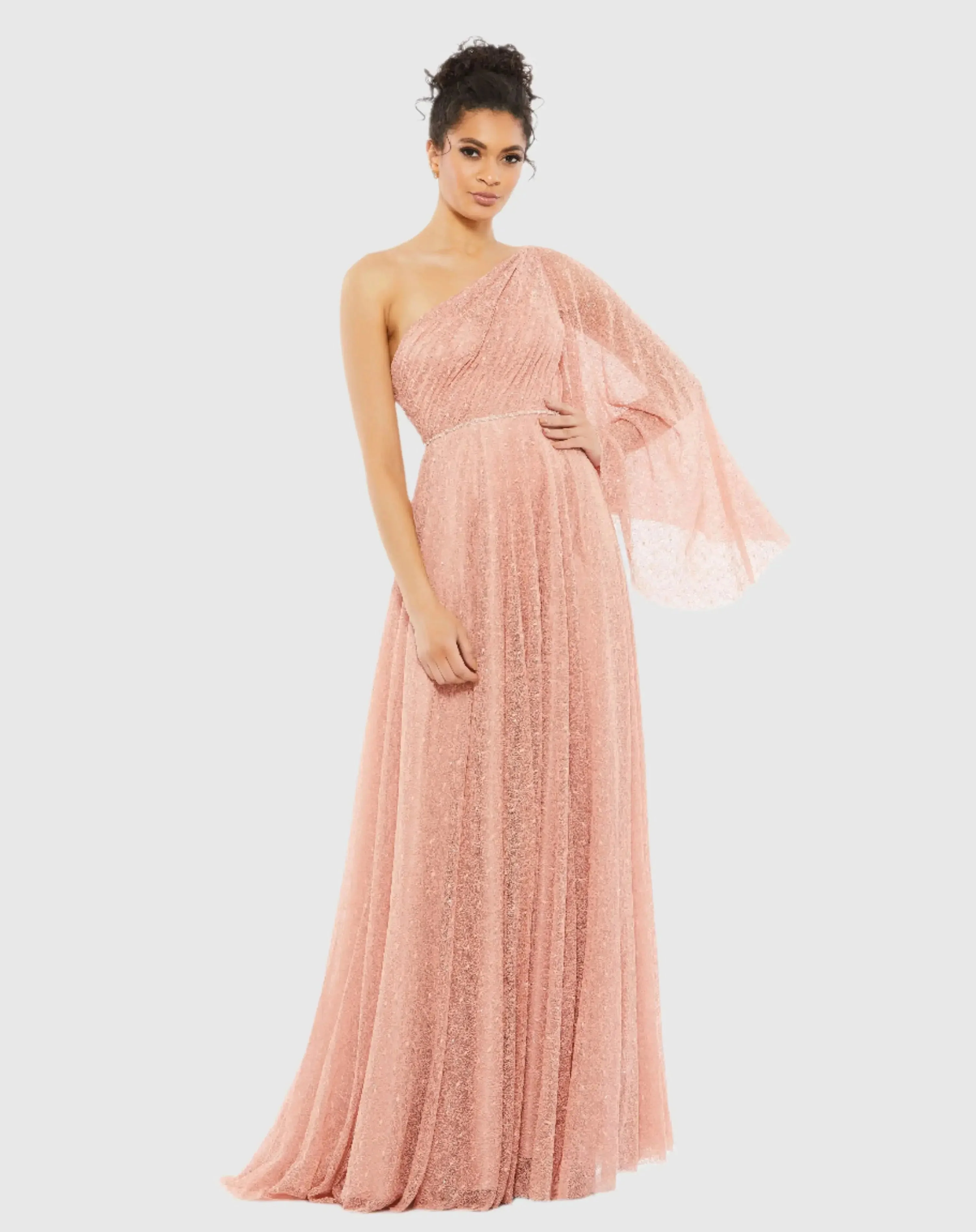 Lace One Shoulder Illusion Sleeve A Line Gown