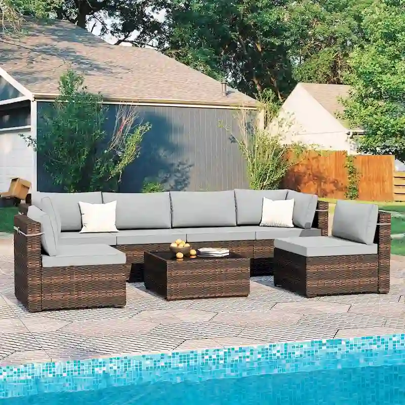 Patio Watcher Morden Outdoor 7-Piece Rattan Wicker Sectional Set Suit for Backyard
