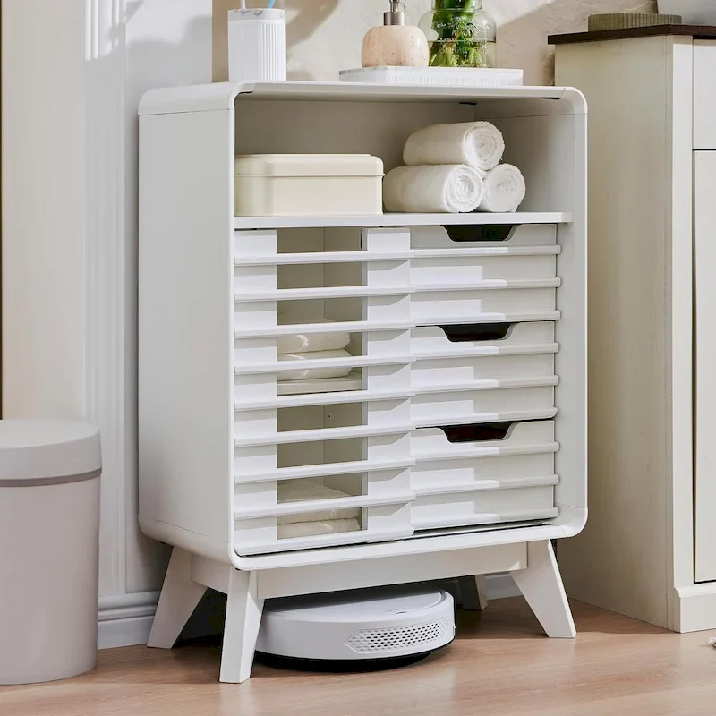 Slatted Door Bathroom Floor Cabinet, Mid-Century Storage Cabinet