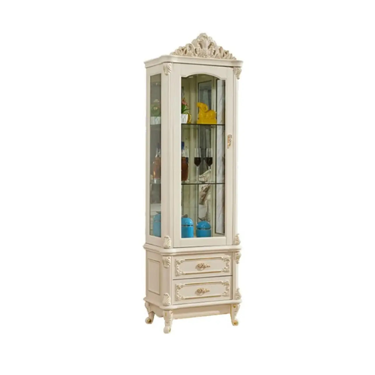 Glam White Wooden Glass Curio Cabinet with Drawers