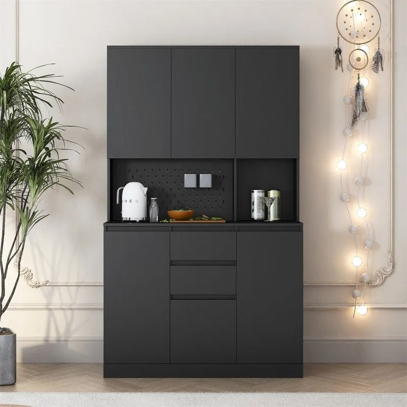 Kitchen Pantry Cabinet with Microwave Stand and 2 Drawers, Freestanding Buffet Cupboards Sideboard with Charging Station
