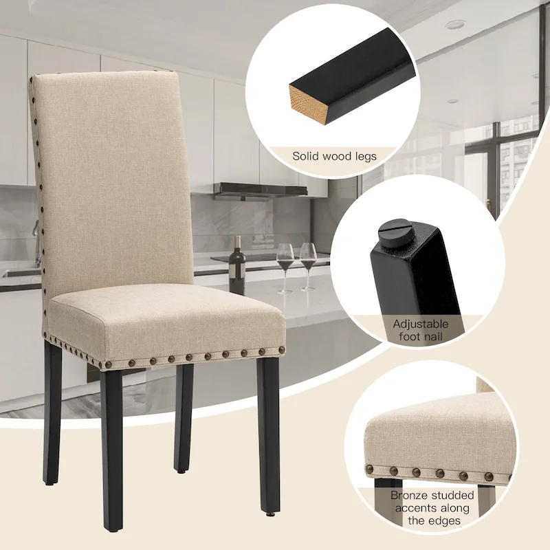 High Back Linen Fabric Dining Chairs with Nailhead Trim – Grey / Cream White / Tan