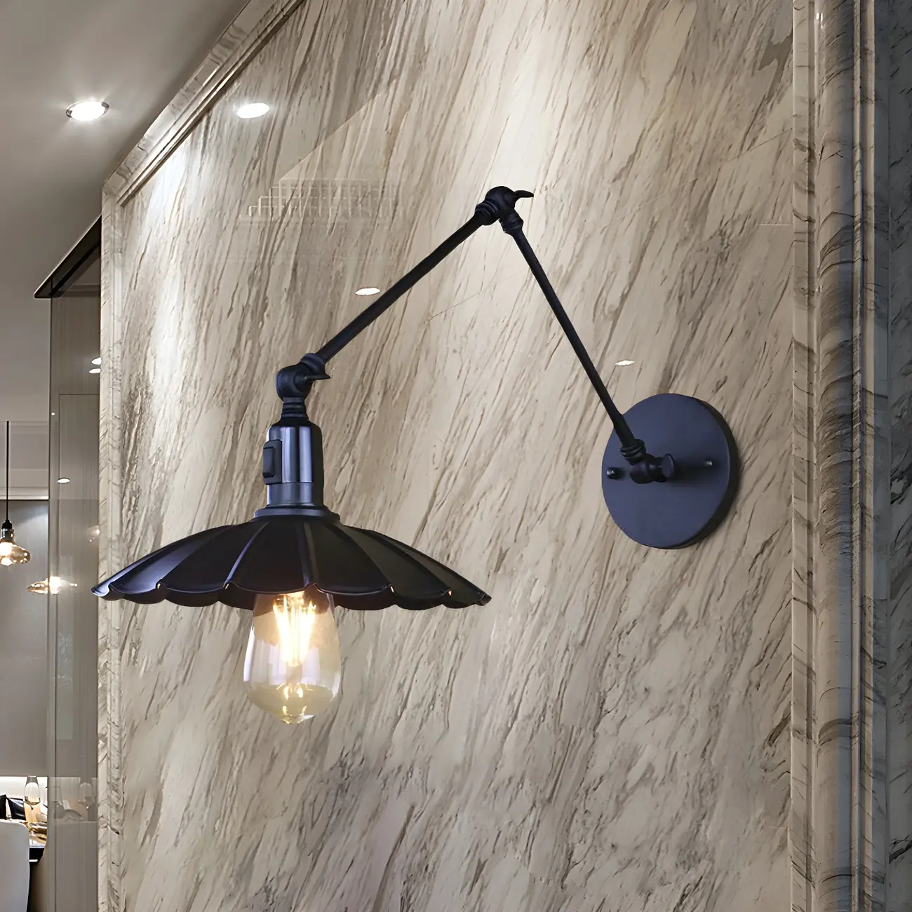 Metal Black Swing Arm Wall Light with Scalloped Shade