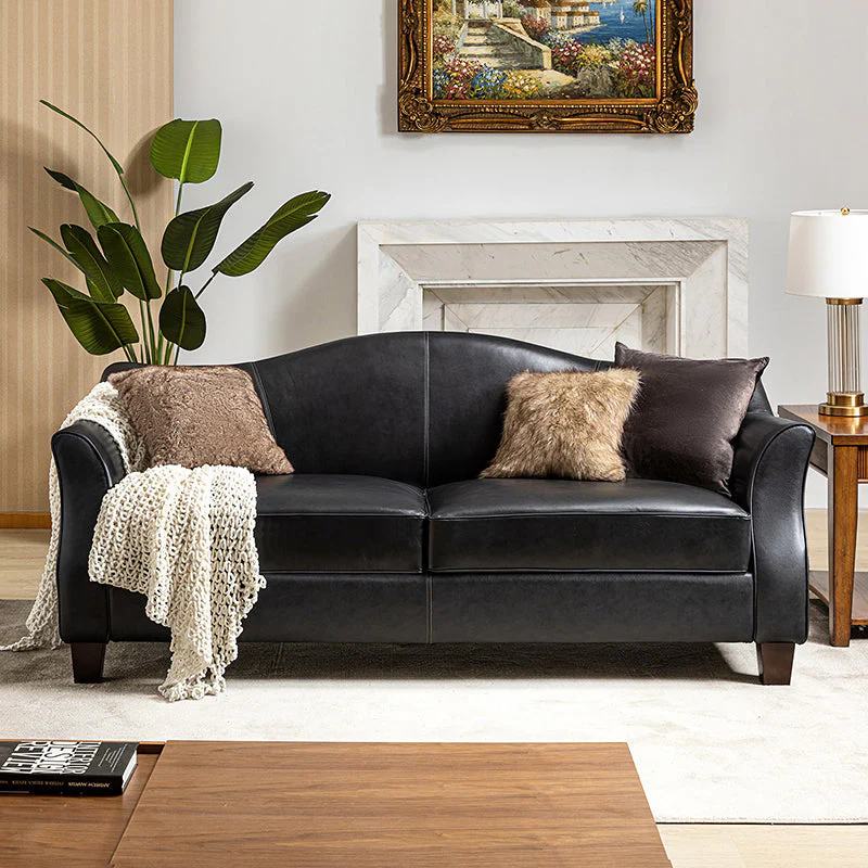 Genuine Leather Curved High-Back 3-Seat Sofa with Foam Fill & Tapered Walnut Rubberwood Legs | Black / Camel / Navy / Burgundy | 3-Seater